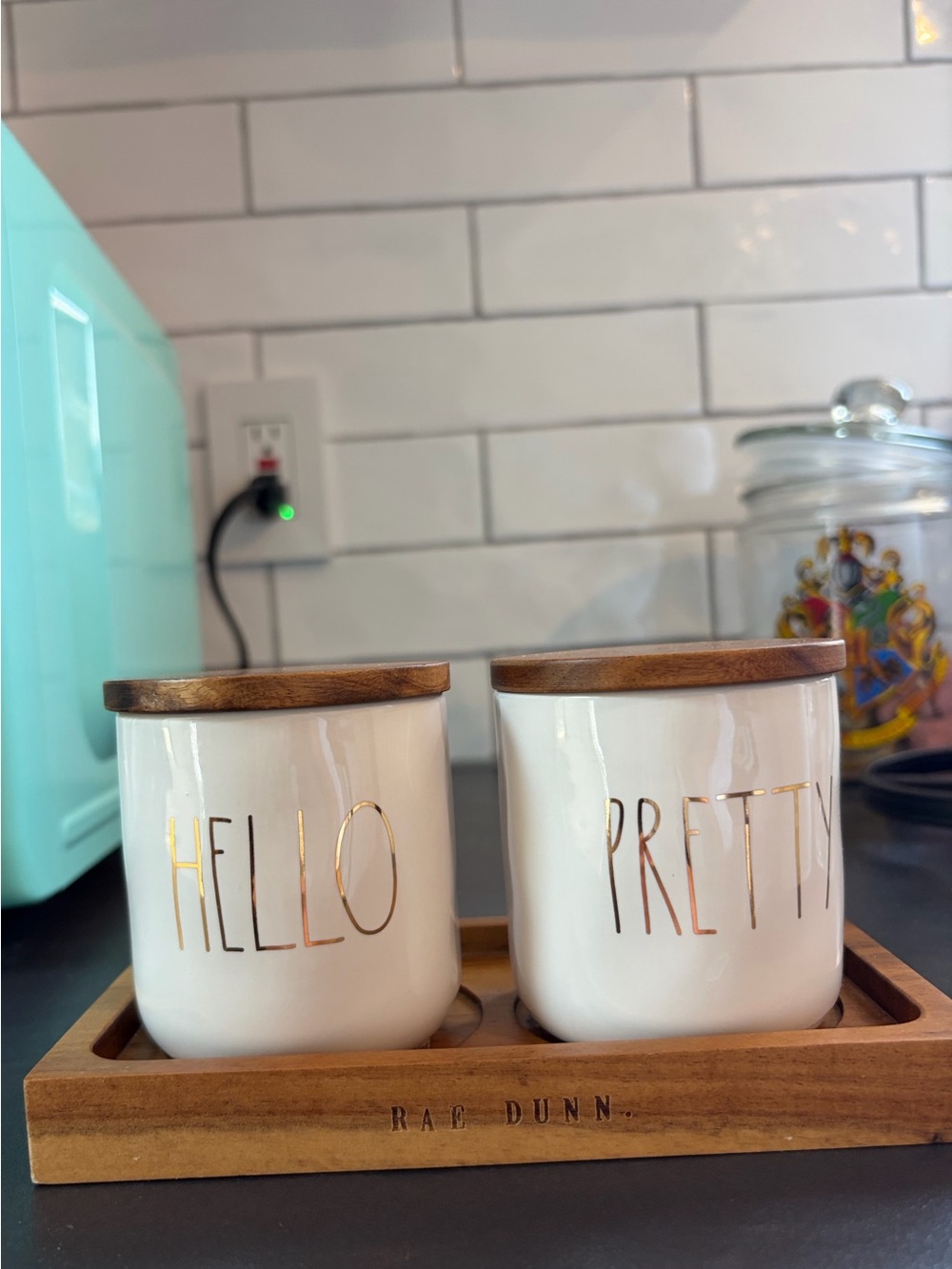 Rae Dunn Farmhouse Trinket Jars Gold 'HELLO' 'PRETTY' Set w Wooden Tray new